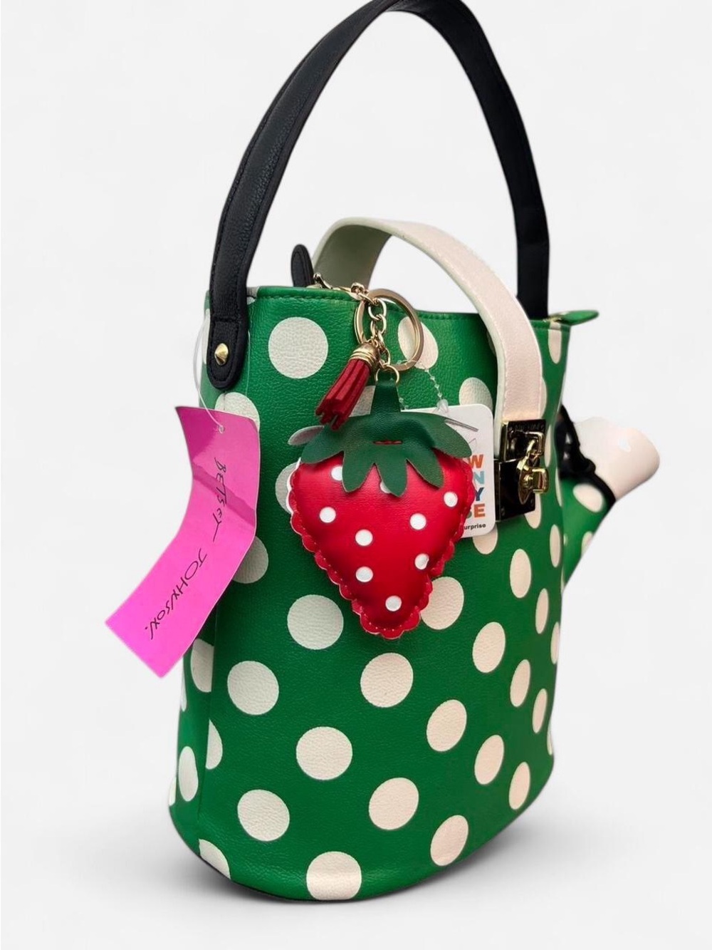 Betsy Johnson Green Polka Dot Watering Can RARE Bag with Strawberry Charm - Picture 2 of 10